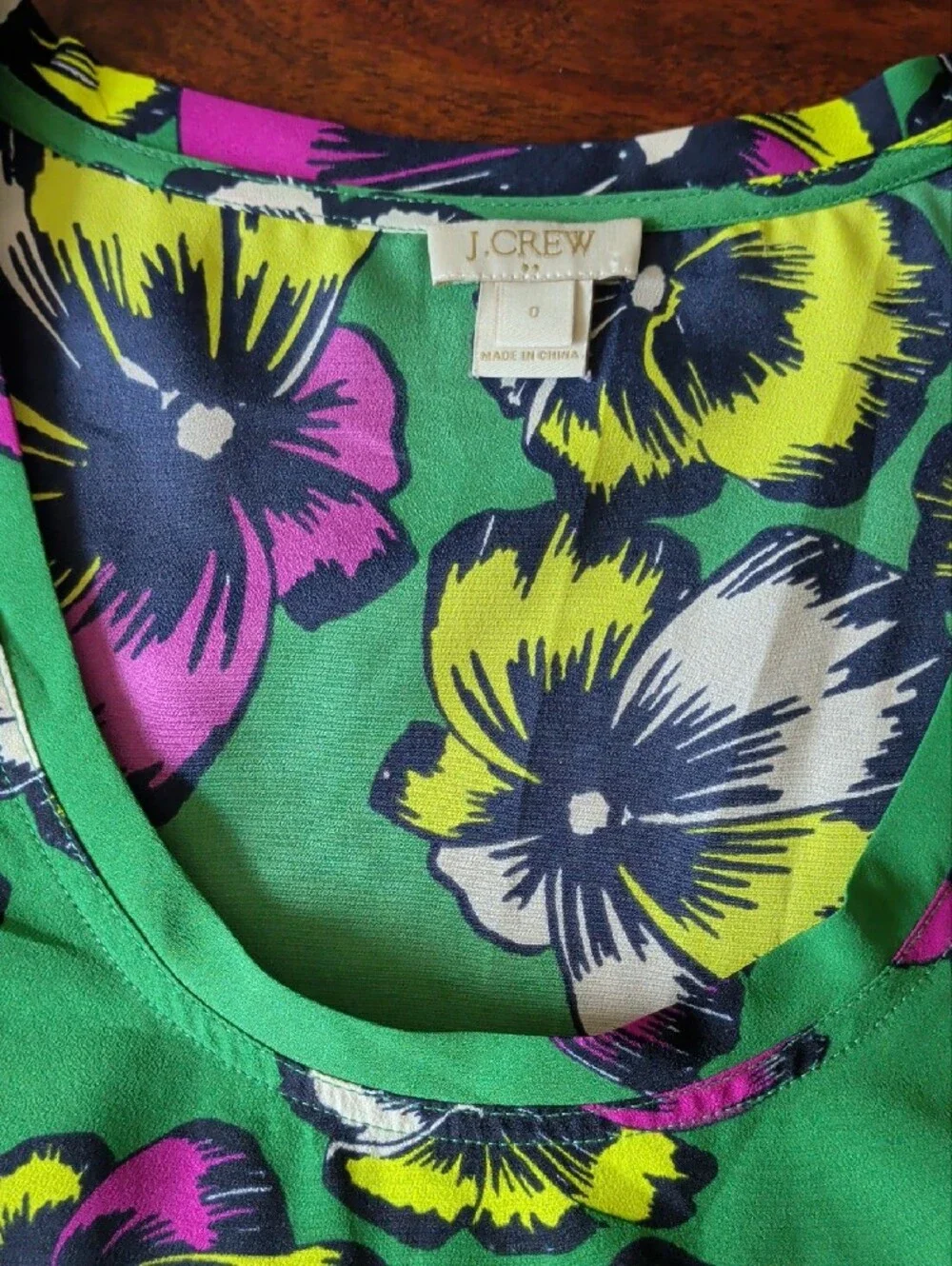 J. Crew Green Floral Scoop Neck Top with Yellow & Fuchsia Flowers